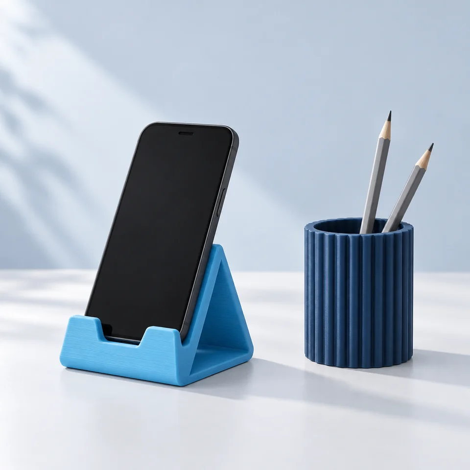 Concept visualization of a blue phone stand and desk pen holder