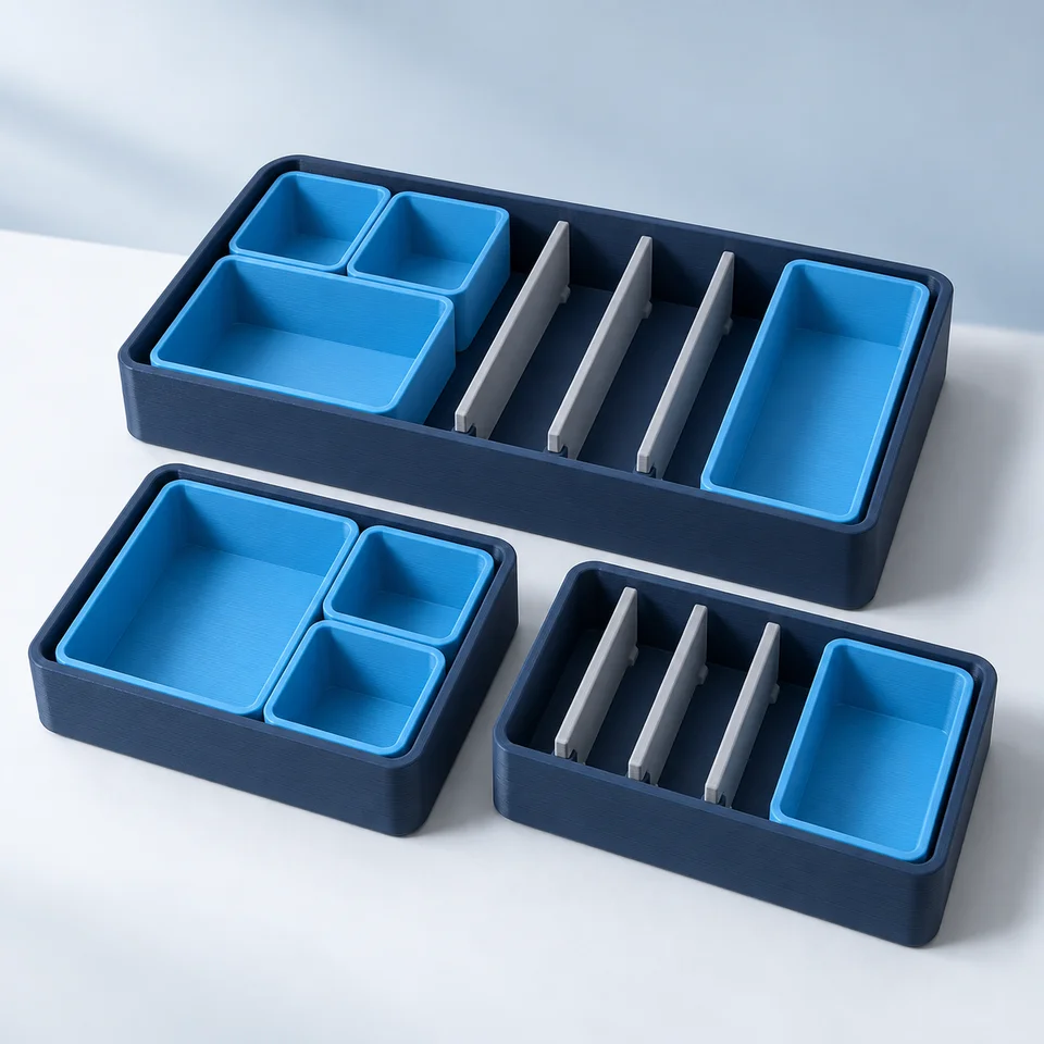 Close-up concept visualization of organizer compartments and 3D printed texture