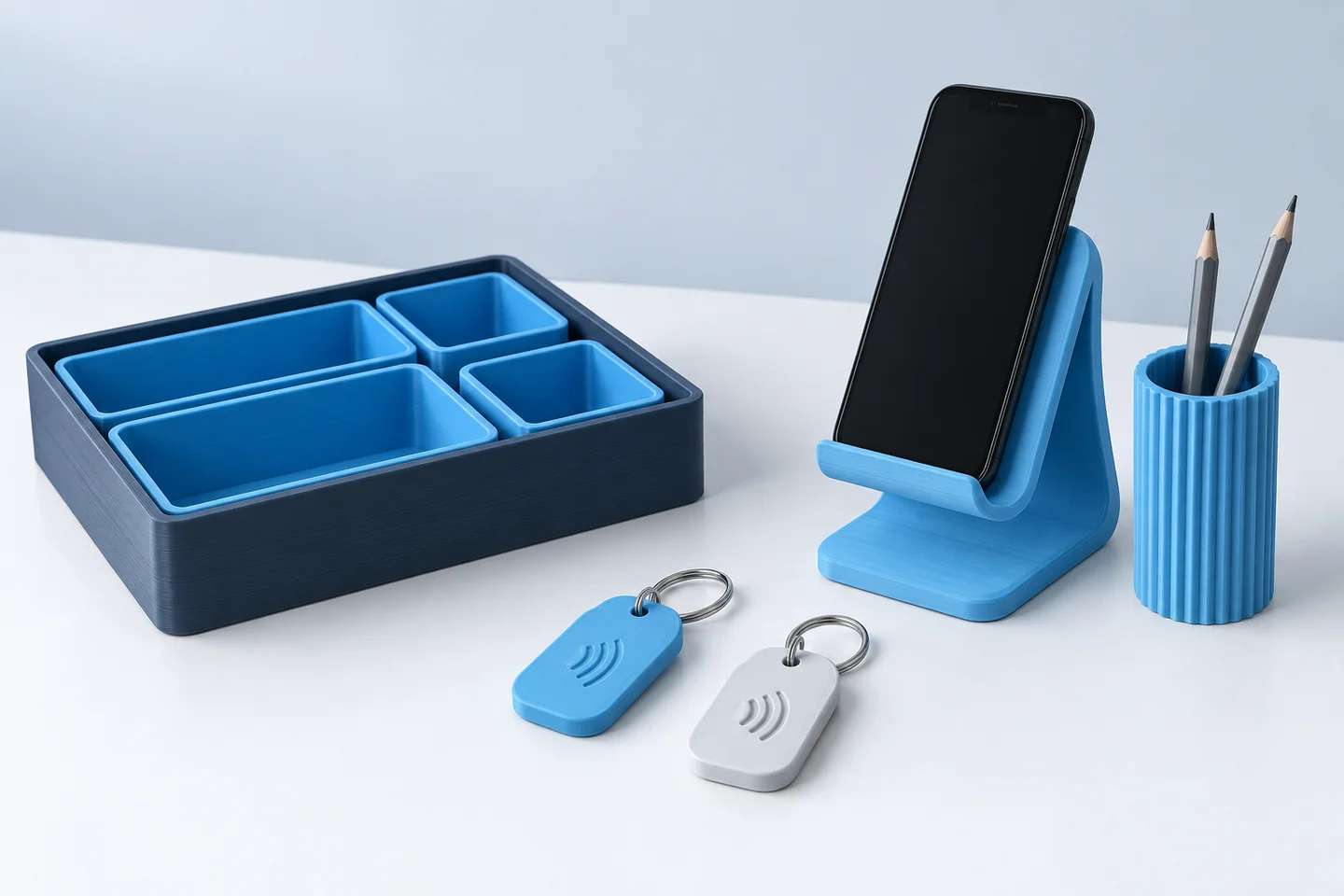 Concept visualization: a modular organizer, NFC tags and desk accessories in blue